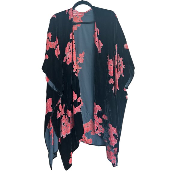 Boho Whimsigoth Black Velvet Burnout Kimono Duster • One Size •Red Floral Witchy - Picture 1 of 7